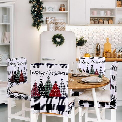 Moukeren 6 Pcs Christmas Dining Chair Covers Buffalo Plaid Trees Chair Covers Stretch Removable Washable Chair Slipcover for Christmas Holiday Party Dining Room Kitchen Home Decor (Black and White) in Kuwait