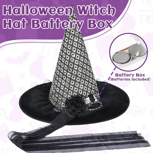 NatuBeau Halloween Witch Hat for Women, LED Light Witch Hats, LED Witches Hat with Flower and Gauze Decoration in Kuwait