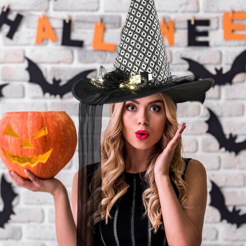 NatuBeau Halloween Witch Hat for Women, LED Light Witch Hats, LED Witches Hat with Flower and Gauze Decoration in Kuwait