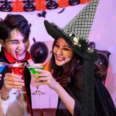 NatuBeau Halloween Witch Hat for Women, LED Light Witch Hats, LED Witches Hat with Flower and Gauze Decoration in Kuwait