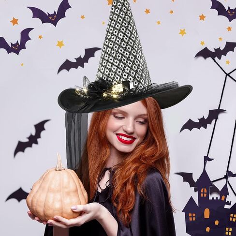 NatuBeau Halloween Witch Hat for Women, LED Light Witch Hats, LED Witches Hat with Flower and Gauze Decoration in Kuwait
