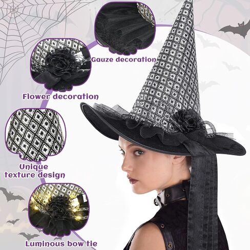 NatuBeau Halloween Witch Hat for Women, LED Light Witch Hats, LED Witches Hat with Flower and Gauze Decoration in Kuwait