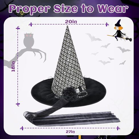 NatuBeau Halloween Witch Hat for Women, LED Light Witch Hats, LED Witches Hat with Flower and Gauze Decoration in Kuwait