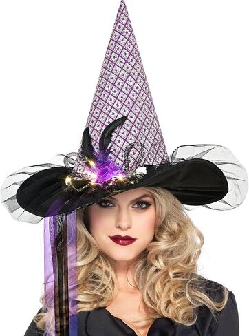 NatuBeau Halloween Witch Hat for Women, LED Light Witch Hats, LED Witches Hat with Flower and Gauze Decoration in Kuwait
