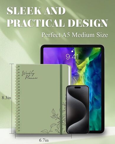 Undated Weekly Planner, A5 Weekly Planner Notebook with Spiral Binding, 52 Weeks To Do List Planner Notebook with Habit Tracker, 6.7'' x 8.3'' Weekly Goals Organizer Notebook, Homework Planner (Sage Green) in Saudi Arabia