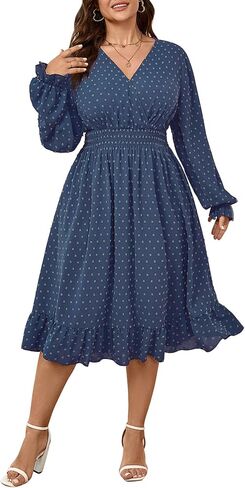 Women's Plus Size Fall Dress Long Sleeve V Neck Swiss Dot Flowy High Waisted A Line Ruffle Midi Dress in Saudi Arabia