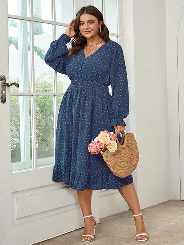 Women's Plus Size Fall Dress Long Sleeve V Neck Swiss Dot Flowy High Waisted A Line Ruffle Midi Dress in Saudi Arabia