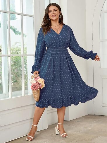 Women's Plus Size Fall Dress Long Sleeve V Neck Swiss Dot Flowy High Waisted A Line Ruffle Midi Dress in Saudi Arabia
