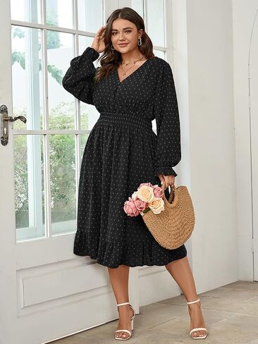 Women's Plus Size Fall Dress Long Sleeve V Neck Swiss Dot Flowy High Waisted A Line Ruffle Midi Dress in Saudi Arabia