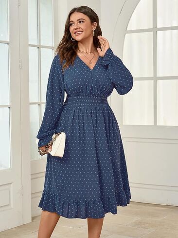 Women's Plus Size Fall Dress Long Sleeve V Neck Swiss Dot Flowy High Waisted A Line Ruffle Midi Dress in Saudi Arabia