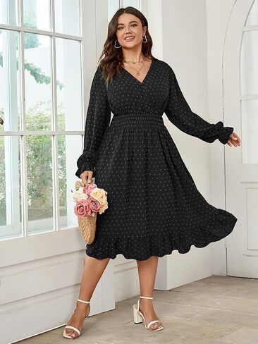 Women's Plus Size Fall Dress Long Sleeve V Neck Swiss Dot Flowy High Waisted A Line Ruffle Midi Dress in Saudi Arabia