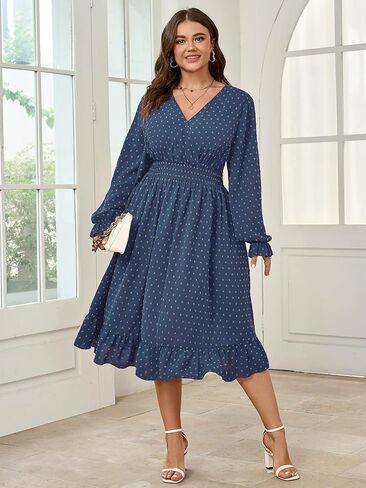 Women's Plus Size Fall Dress Long Sleeve V Neck Swiss Dot Flowy High Waisted A Line Ruffle Midi Dress in Saudi Arabia