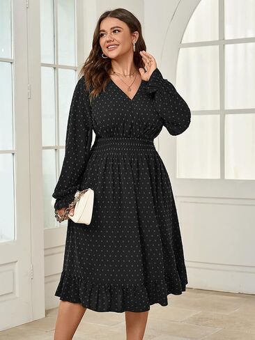 Women's Plus Size Fall Dress Long Sleeve V Neck Swiss Dot Flowy High Waisted A Line Ruffle Midi Dress in Saudi Arabia
