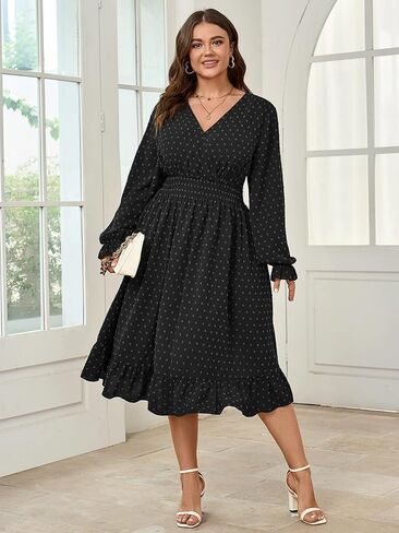 Women's Plus Size Fall Dress Long Sleeve V Neck Swiss Dot Flowy High Waisted A Line Ruffle Midi Dress in Saudi Arabia