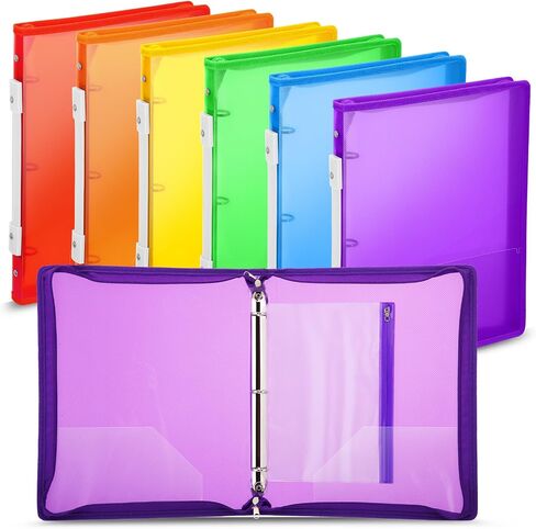 Fulmoon 6 Pack Plastic Zipper Binder, 1 Inch 3 Ring Binder with 2 Interior Pockets, 1 Plastic Movable Pencil Pouch, Expanding File Zippered Binder Holds US Letter Size 8.5''x11'' for Office (Colorful) in Saudi Arabia