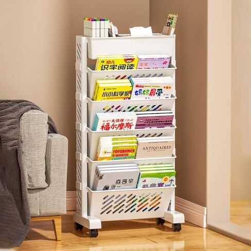 Rolling Book Cart,Movable Bookshelf with Wheels,Utility File Folder Magazine Book Storage Organizer with Pen and Tissue Holder,Mobile Tableside Bookshelf Cart for Study,Office,Classroom,Dorm (6 Layer) in Saudi Arabia