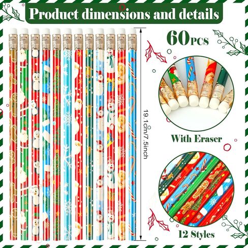 60 Pcs Christmas Pencils for Kids with Erasers Xmas Wood Pencils Santa Snowman Snowflake Candy Cane Stationery Pencils Christmas Tree Holiday HB Pencils for Christmas Winter School Party Favor in Saudi Arabia