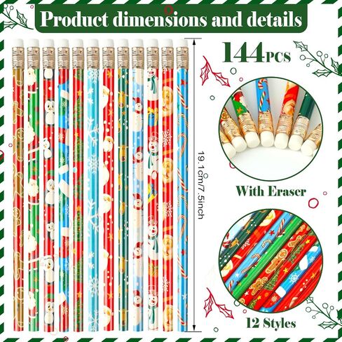 60 Pcs Christmas Pencils for Kids with Erasers Xmas Wood Pencils Santa Snowman Snowflake Candy Cane Stationery Pencils Christmas Tree Holiday HB Pencils for Christmas Winter School Party Favor in Saudi Arabia
