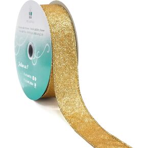 CT CRAFT LLC Glitter Wired Ribbon 1.5" x 20 Yards Yellow Gold for Christmas Home Decor Bow Gift Wrapping DIY Crafts Wreath