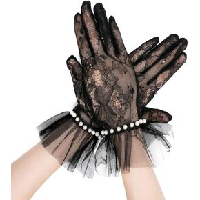 YAMEIZE Short Lace Mesh Gloves Tulle Border with Pearl Opera Tea Party Glove for Women Wedding Gloves for Bride