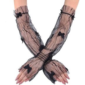 Campsis Long Fingerless Lace Gloves Black Tulle Arm Sleeves Butterfly Mesh Gloves Tea Party Sheer Gloves Prom Costume Dress Accessories for Wedding