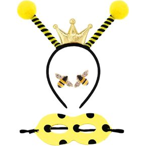 Bee Bopper Antenna Headband and Masks, Bee Clip on Earrings Bee Costume Accessories Set for Halloween Dress Up