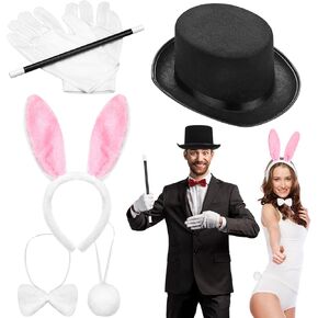 6 Pcs Halloween Couple Costume for Adult Magician Costume Set Includes Magician Hat Wand Gloves Bunny Ears Tail and Bow for Halloween Couple Cosplay Costume