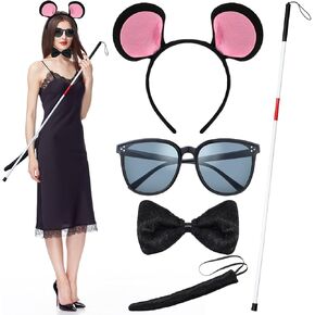 Crowye 5 Pcs Halloween Mouse Costume Accessories Set Mice Costume Kit Mouse Headbands Ears Bow Tie Tail Sunglasses Collapsible Walking Stick for Halloween Cosplay Party Decoration Black, White