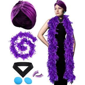 5 Pcs Halloween Costume women, Includes Purple Velvet Turban Hat, Purple Feather Boas, Round Acrylic Earrings, Purple Eyelash, V Shaped Choker for Women