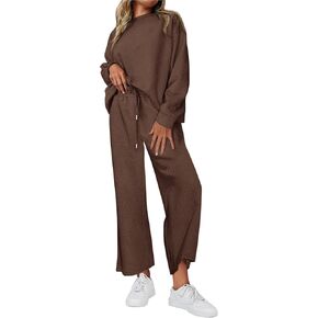 Muchpow Women's 2 Piece Outfits Fall Casual Long Sleeve Knit Pullover Top Drawstring Wide Leg Lounge Set in Kuwait