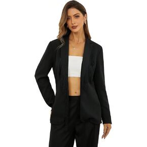 WDIRARA Women's Fringe Trim Open Front Long Sleeve Blazer Cocktail Party Jacket