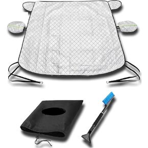Silver Black Windshield Car Glass Cover for Winter Storm Ice and Snowfall,Waterproof Fabric for Harshest Snow Freeze Weather, Extended Cover for Side Mirrors and Snow/Ice Brush Scrapper