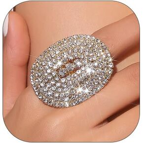 Sparkly Oval Rhinestone Ring For Women Adjustable Cocktail Statement Ring Pave Cubic Zirconia Ring Chunky Geometry Crystal Ring Jewelry