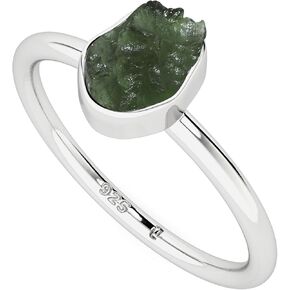 Natural Raw/Rough Moldavite Stackable Ring for Women in Sterling Silver, Gemstone Birthstone Jewelry Gifts for Her (Bezel-Set)