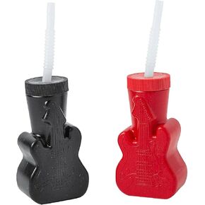 Fun Express 12 Pieces Guitar-Shaped Cups with Straws, BPA Free Plastic, Party Supplies, Black & Red