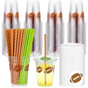 100 Set Football Party Plastic Cups 12oz Football Disposable Clear Cups with Lids and Straws Football Party Favors Drinking Cups Football Sports Themed Party Decorations for Game Drink