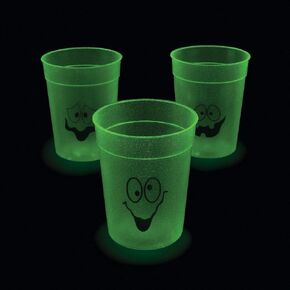 Fun Express 12 Pieces Glow in the Dark Halloween Ghost Plastic Cups, Holds 10 oz, BPA Free Plastic, Halloween Party Supplies, Green