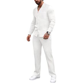 GORGLITTER Men's 2 Piece Linen Suit Casual Long Sleeve Button Down Shirt and Pants Set
