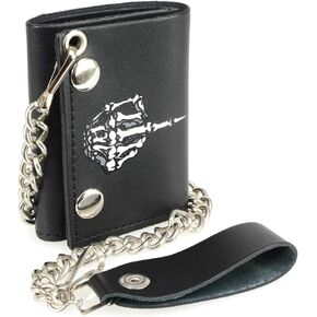 Milwaukee Leather MLW7840 Men's 4" Leather “Skeleton Finger" Tri-Fold Wallet w/Anti-Theft Stainless Steel Chain