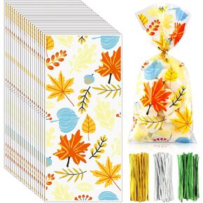 Whaline 120Pcs Fall Cellophane Bags with 150Pcs Twist Tie Autumn Maple Leaves Cello Bag Double-Sided Goodie Treat Gift Bags Thanksgiving Party Favor Bags Bulk for Party Favor Candy Chocolate Cookie