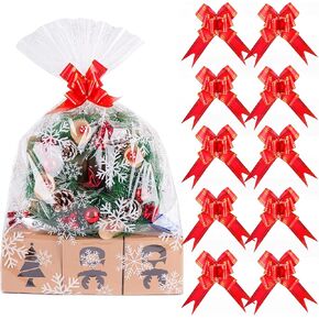 Kolewo4ever 20pcs Christmas Snowflake Cellophane Bags Pull Bow Set 10 pcs Christmas Basket Bags Wine Bottles Cellophane Wrap Perfect for Gift, Presents, with 10pcs Pull Bows (16 x 24 inches)