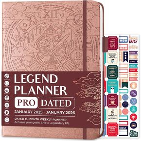Legend Planner PRO Dated Jan 2025-Jan 2026 – Deluxe Weekly & Daily Organizer with Time Slots. Appointment Book Journal for Work & Time Management, A4 Hardcover (Rose Gold)