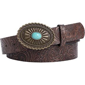 Women Men Western Leather Belt Vintage Medieval Turquoise Buckle Belt Cowgirl Cowboy Country Boho Waist Belt