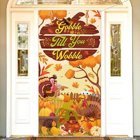 HOWAF Thanksgiving Door Banner Gobble Till You Wobble Turkey Door Cover, Fabric Thanksgiving Day Pumpkin Turkey Maple Leaf Banner for Front Door Fall Harvest Gobble Theme Party Decorations,72.8×43.3 Inch