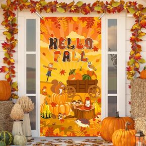 Avezano Hello Fall Banner Fall Maple Pumpkin Front Door Banner Hello Autumn Yard Sign Banner Fall Harvest Thanksgiving Party Decorations