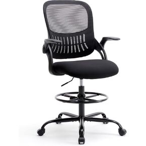 Elevon Home Office Drafting Desk Chair - Ergonomic High Stool Computer with Adjustable Height and Comfy Lumbar Support, Tall Rolling Task for Standing Desk with Fixed Arm and Footrest