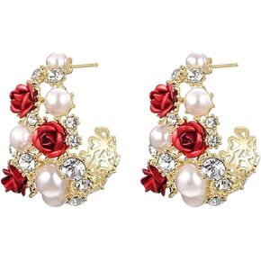 Unique and Unique Rose Earrings with White Sparkling Crystal and Pearl, Suitable for Female Gifts