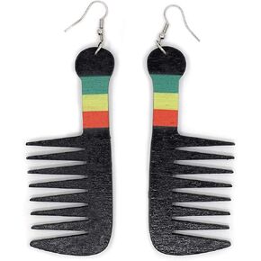 Teri's Boutique Black African American Jamaican Afro Hair Comb Rasta Color Details Wood Light Weight Long Dangle Drop Fashion Earrings