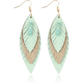 Bohemian Genuine Suede Real Leather Geometric Drop Earrings - Lightweight Hook Dangles Feather, Leaf, Multi Color Fringe, Triple Tassel