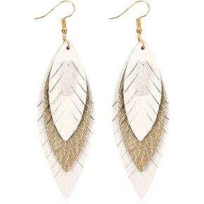 Bohemian Genuine Suede Real Leather Geometric Drop Earrings - Lightweight Hook Dangles Feather, Leaf, Multi Color Fringe, Triple Tassel